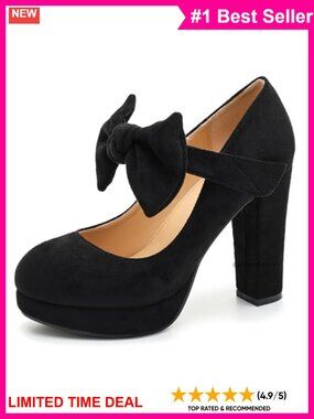 Women's Bow Platform Block High Heel Pumps Ankle Strap Formal Dress Shoes
